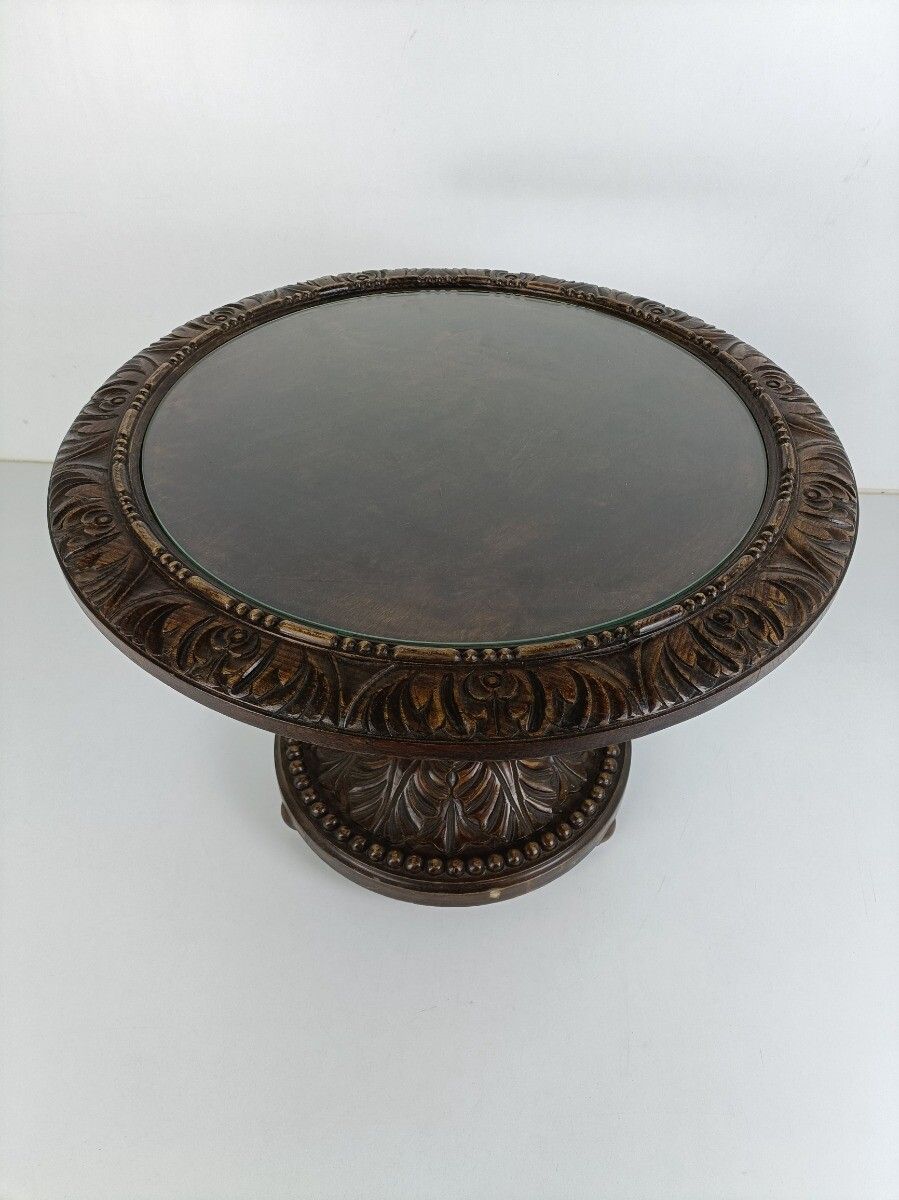 Stunning Ornate Hand Carved Wooden Side Coffee Table With Glass Top photo for sale