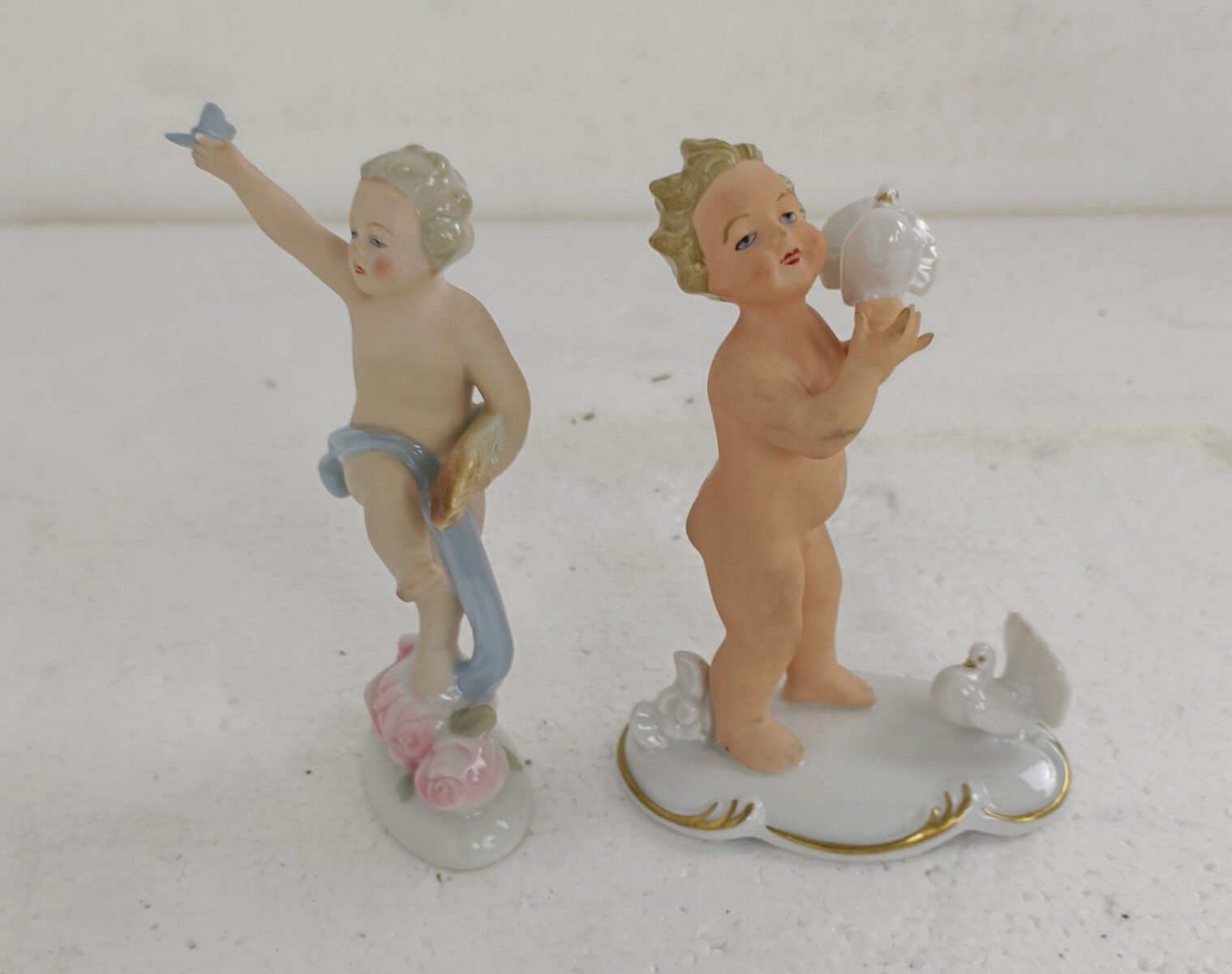 Two Figurines Bavaria West Germany Porcelain Putti With Doves Butterfly Angels L photo for sale