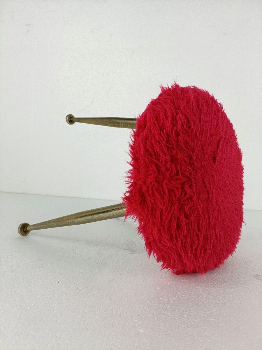 Retro Red Plush Stool Chair Retro Metal Tripod Legs Mid Century Design Brass Fun photo vinterior