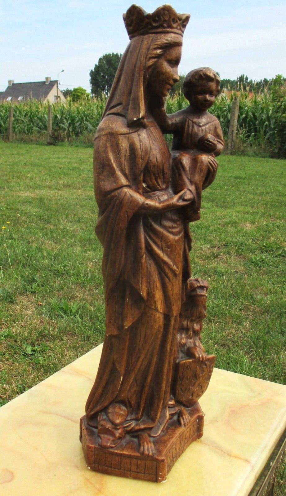 Antique Statue Virgin Mary Madonna Infant Child Plaster Lion Gothic Brown 16" photo 92.0