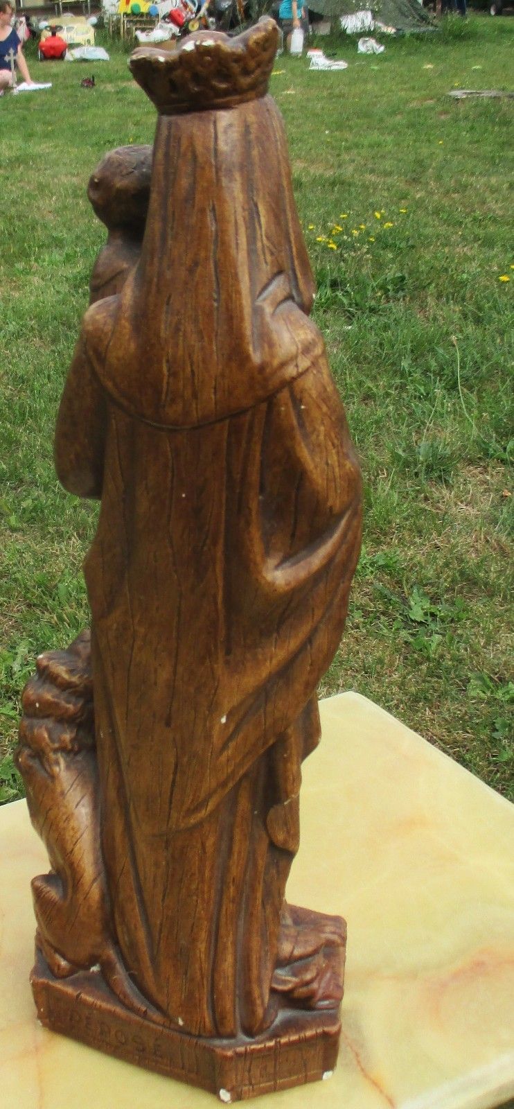 Antique Statue Virgin Mary Madonna Infant Child Plaster Lion Gothic Brown 16" photo vinterior