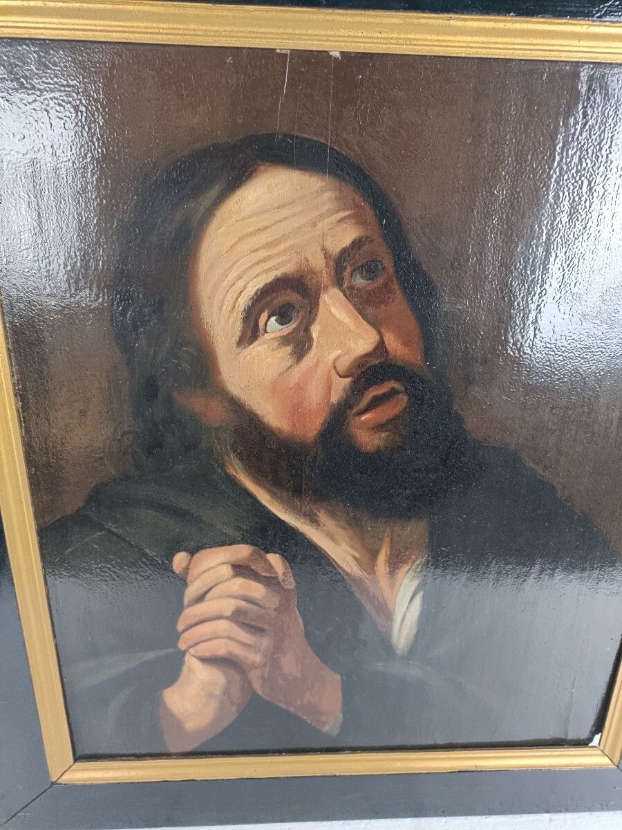Stunning Painting Oil On Wooden Panel Praying Man Looking Up To Heaven  18th Cen photo for sale