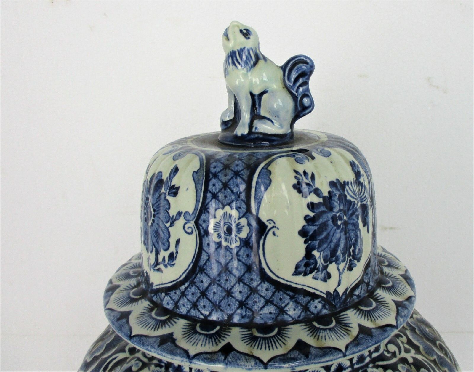 Large Royal Sphinx Maastricht Delft Vase Urn Marked Blue White Foo Dog 18.11" photo for sale