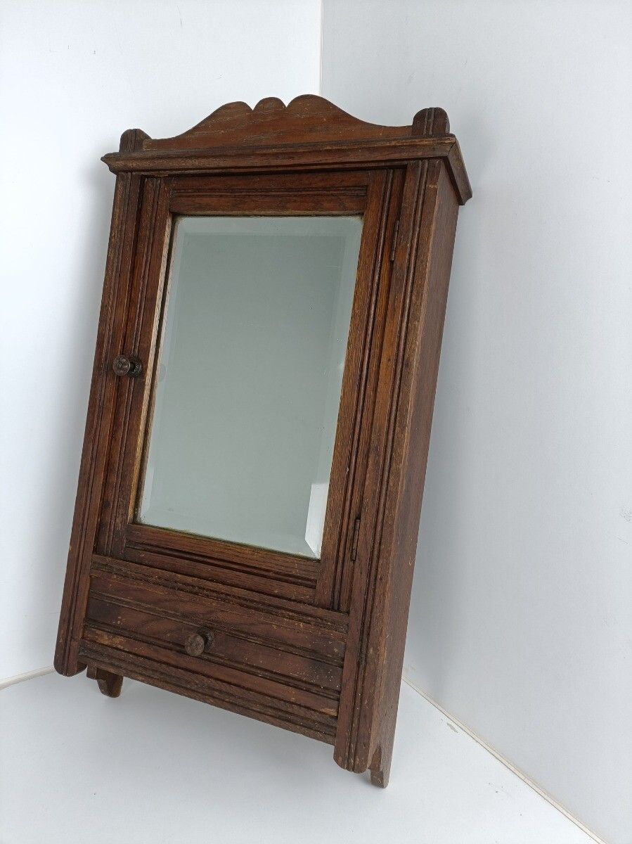 Apothecary Medicine Cabinet Vintage Wood Beveled Glass Kitchen Bathroom Barn Sty photo furniture