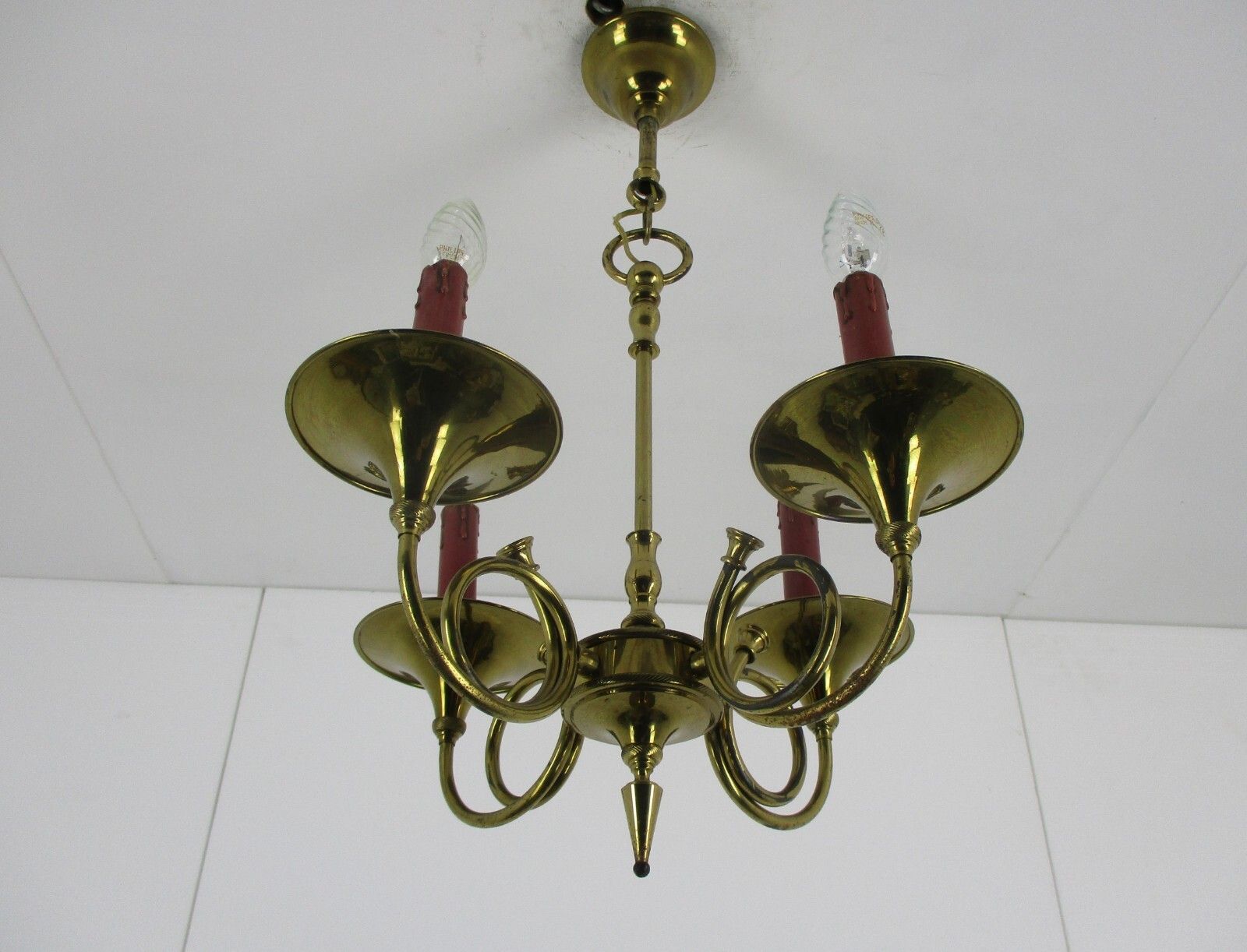Trumpet Chandelier + Trumpet Wall Sconce Brass  4 Arms Hollywood Regency Set photo furniture