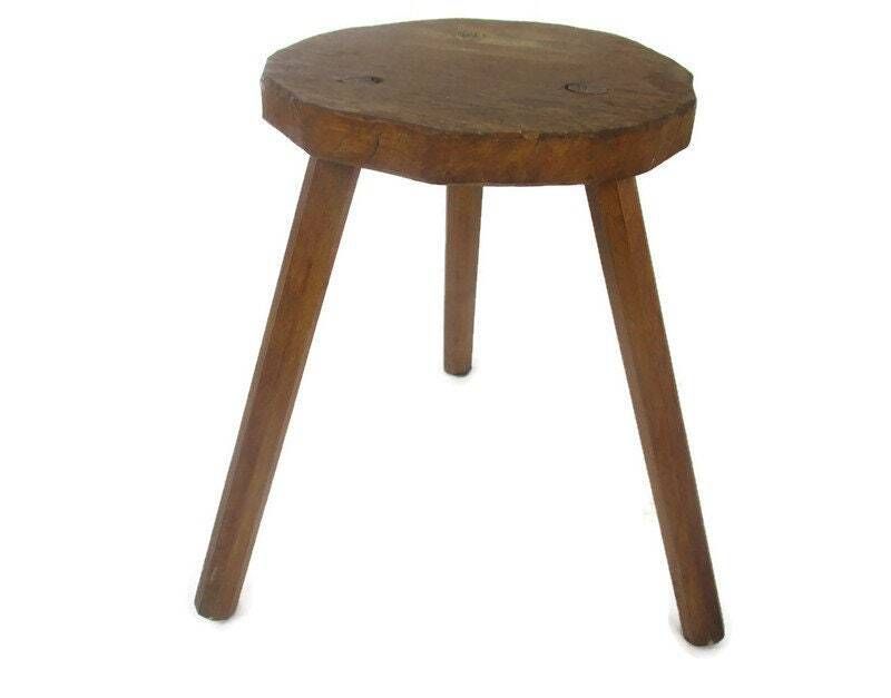 Hand Carved Wood Tripod Milking Stool Pedestal Table Pedestal Barn Style Funky
