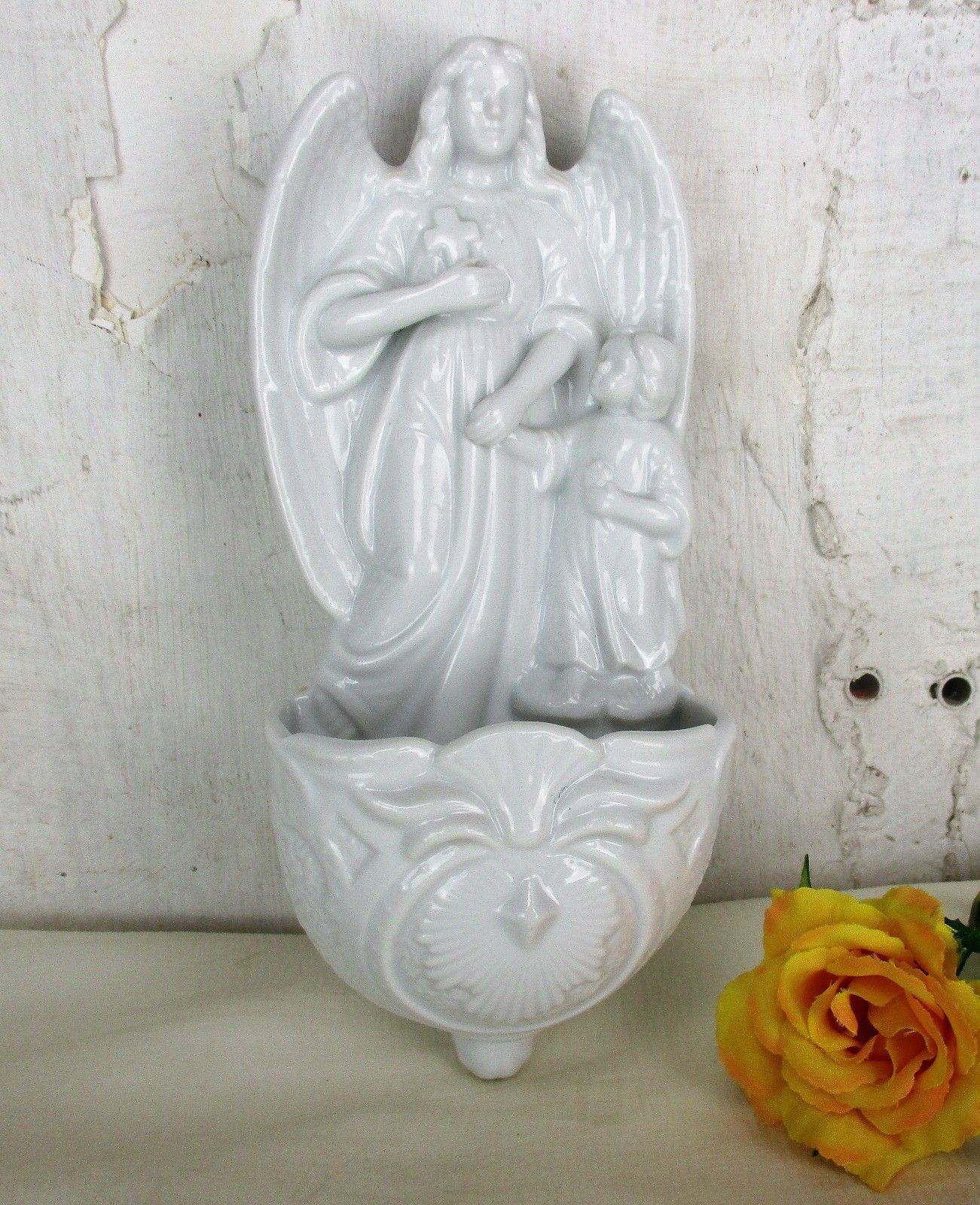 Large Antique French Holy Water Font Bisque Angel Infant Jesus Collector Htf photo furniture