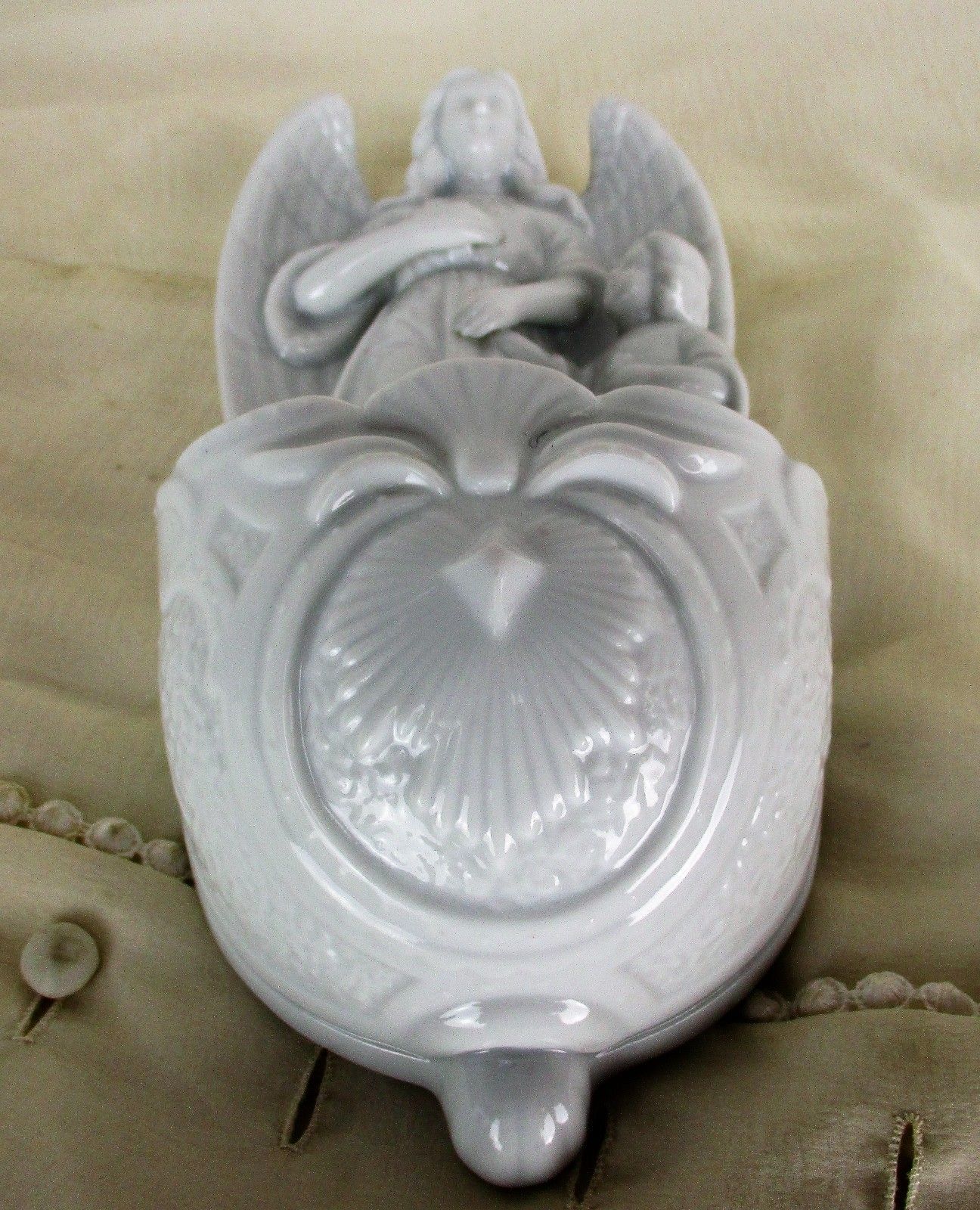 Large Antique French Holy Water Font Bisque Angel Infant Jesus Collector Htf photo Home Decor