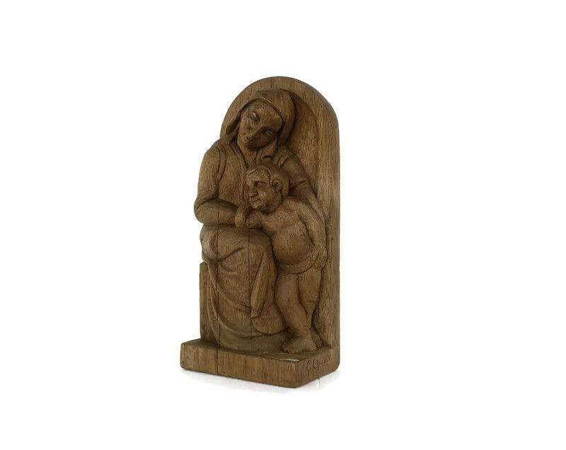 Sculpture Statue Figurine Hand Carved Wood Mother And Child Signed G Gysen
