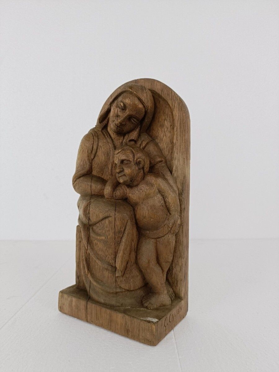 Sculpture Statue Figurine Hand Carved Wood Mother And Child Signed G Gysen photo for sale