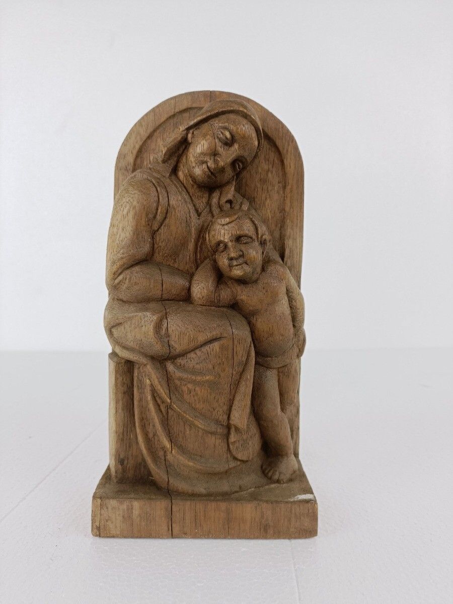 Sculpture Statue Figurine Hand Carved Wood Mother And Child Signed G Gysen photo Art
