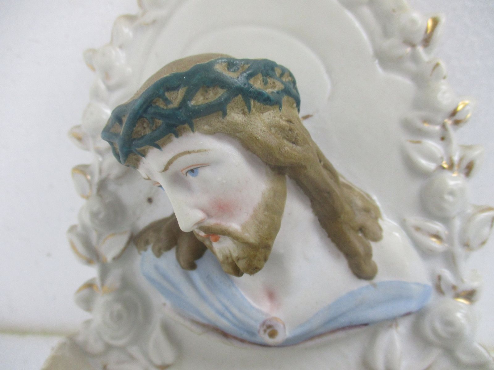 Holy Water Font Vessel  Jesus Christ Head Of Thorns Bisque Htf Beautiful photo furniture