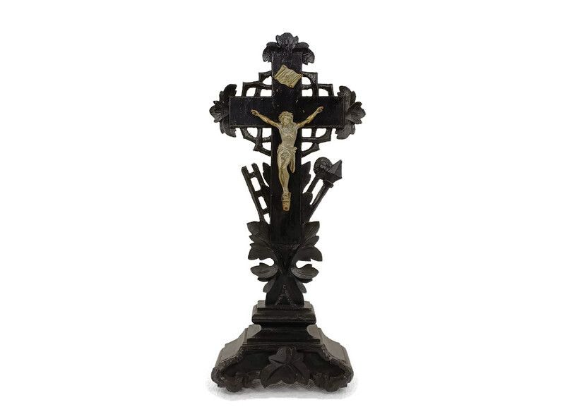 Antique Standing Crucifix  Cross  Wood Spelter Corpus Christi Hand Carved  Tools