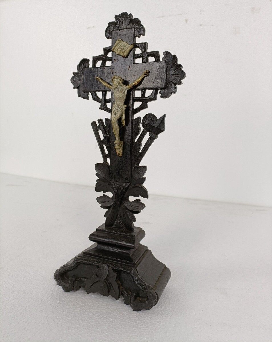 Antique Standing Crucifix  Cross  Wood Spelter Corpus Christi Hand Carved  Tools photo for sale