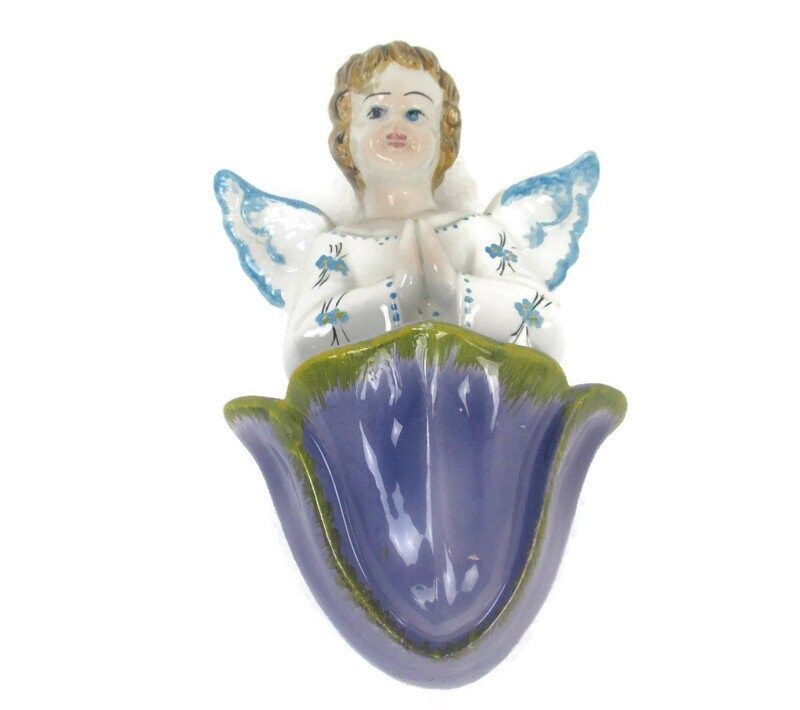 Holy Water Font Angel Hand Painted Bisque Porcelain Collector Htf 8.66"