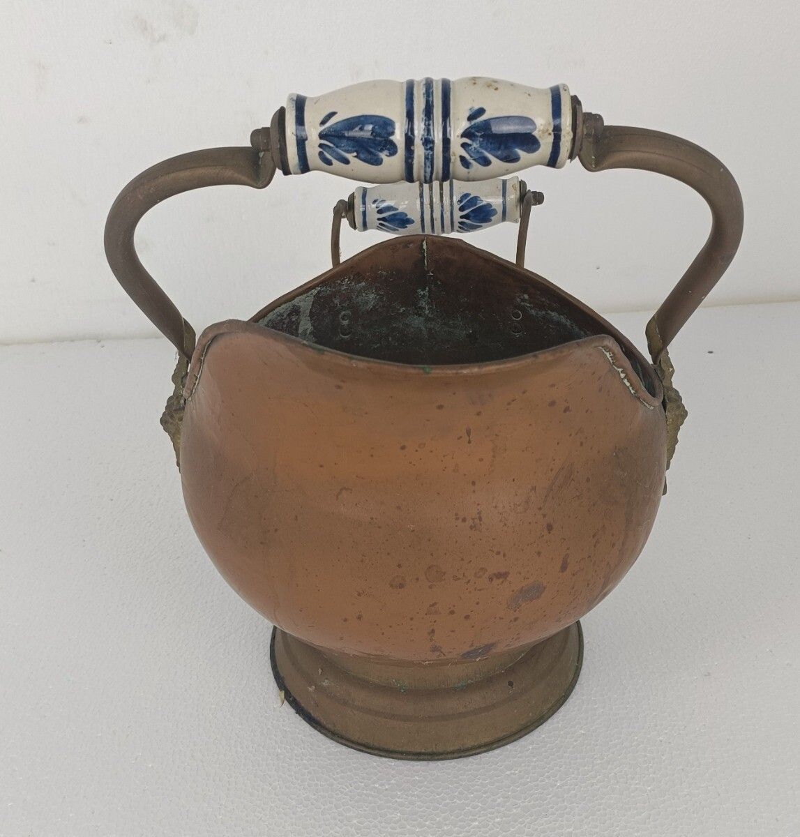 Antique Hammered Brass Kettle Bowl With Delft Blue White Porcelain Handles Plant photo vintage