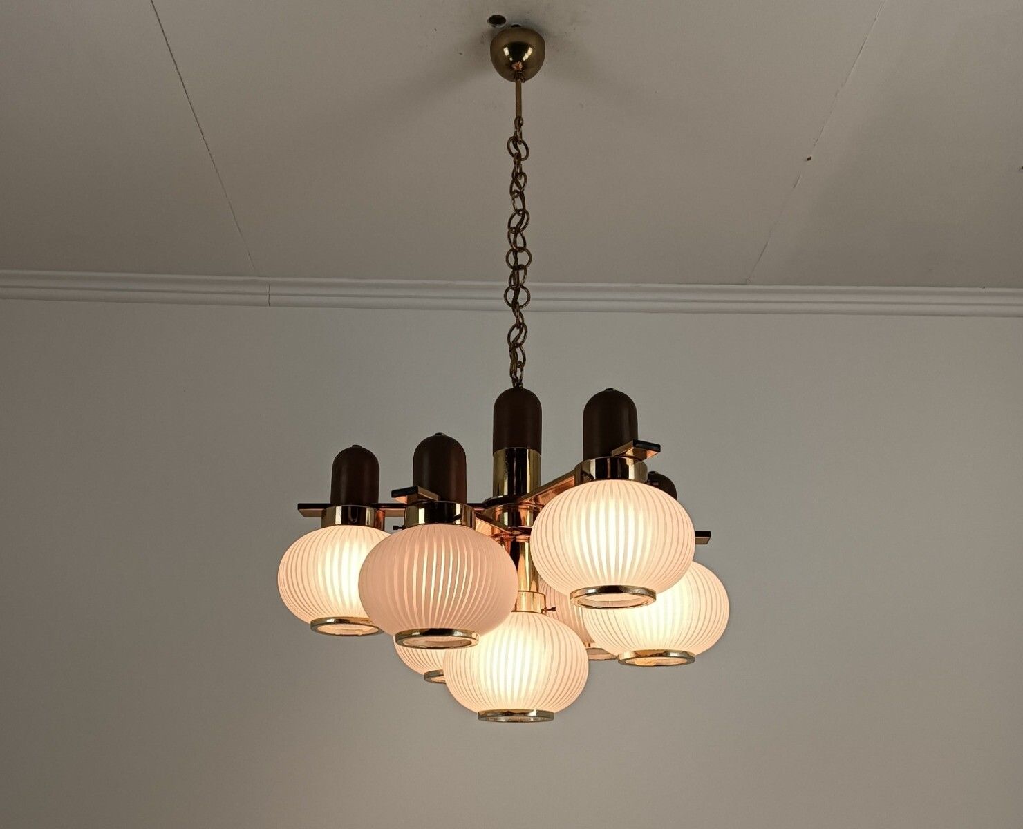 Vintage Chandelier 7 Lights Glass Shades Teak Wood Gold Chrome Funky Wow photo furniture