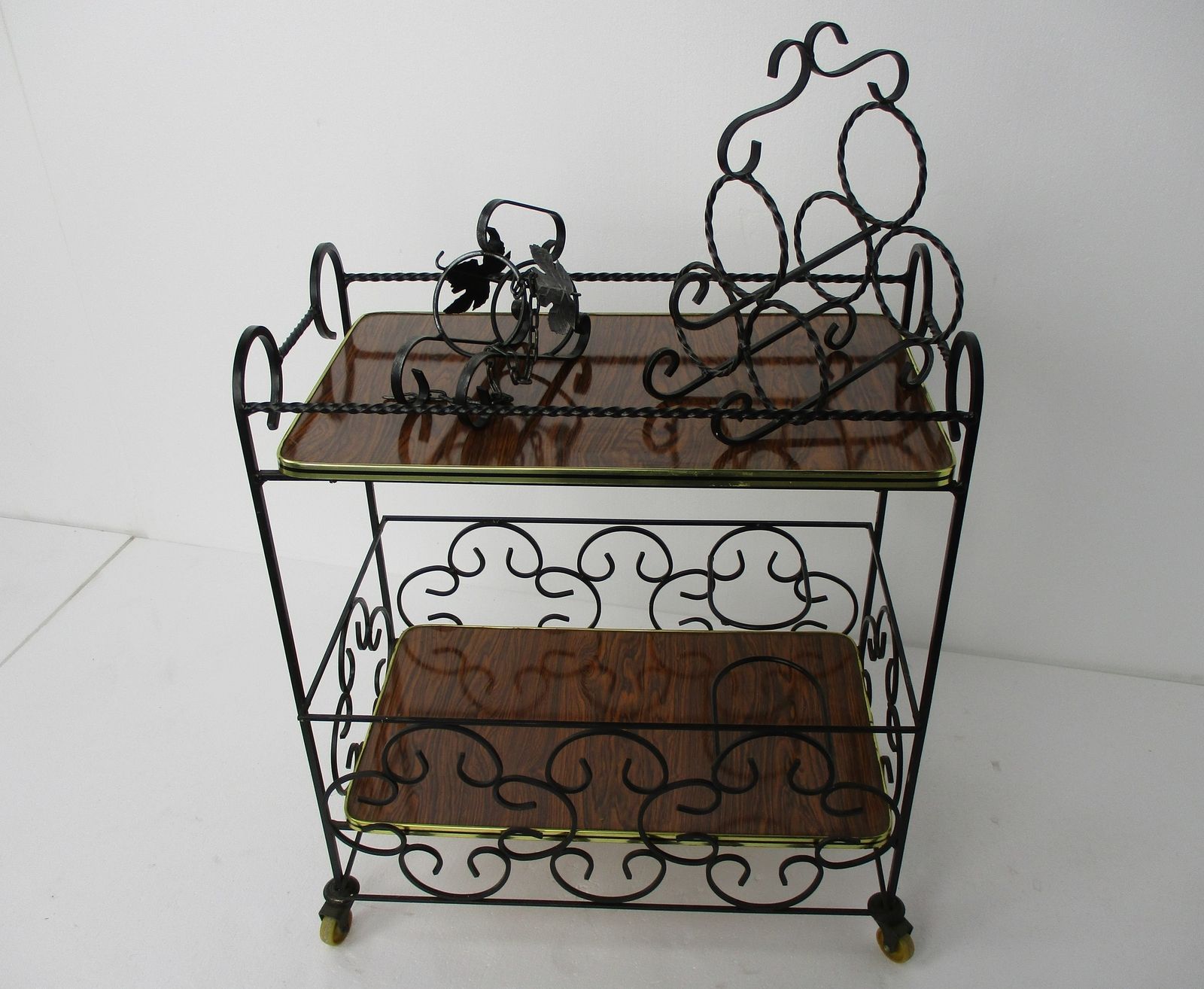 Bar Cocktail Tea Cart Trolley Mid Century Modern Kitchen Island Wood Veneer Wrou photo for sale
