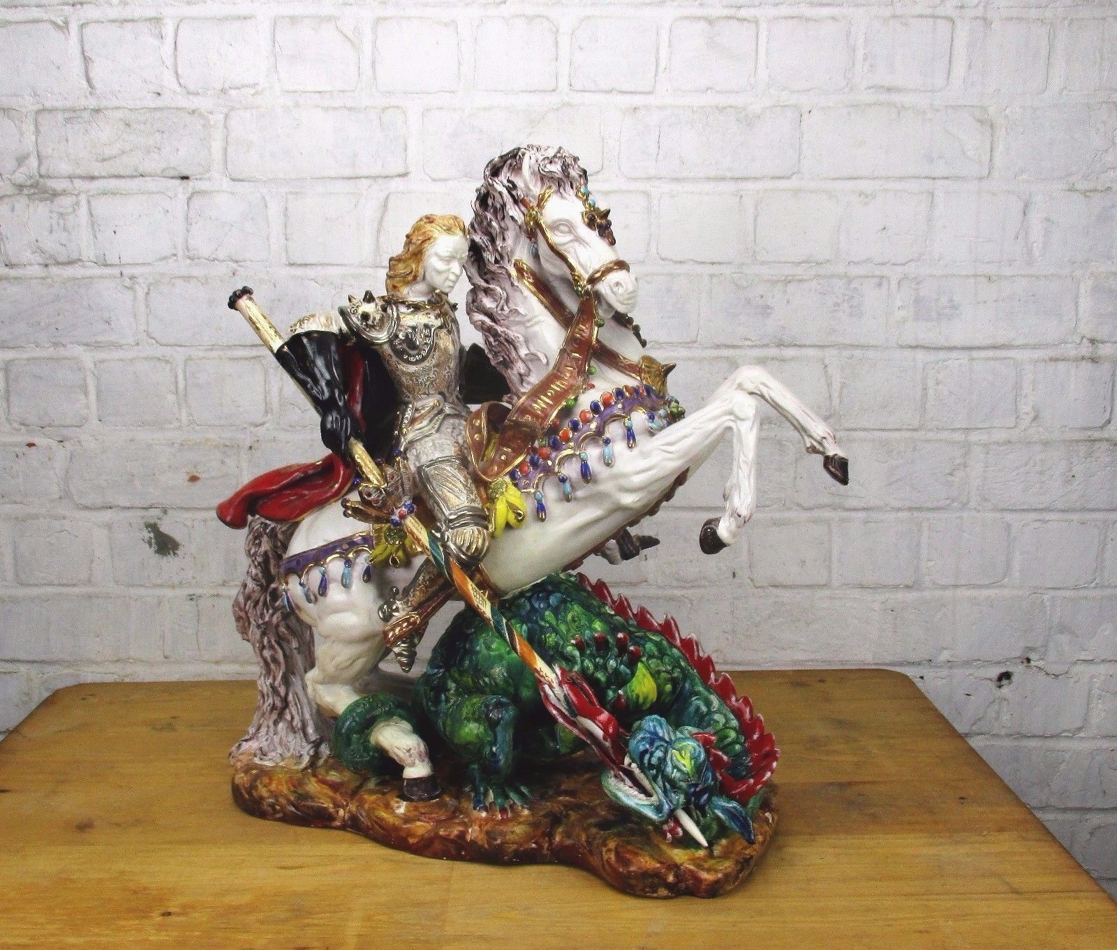 Large Gorgeous Statue Saint George Slaying Dragon Pattarino Marioni Terracotta photo furniture
