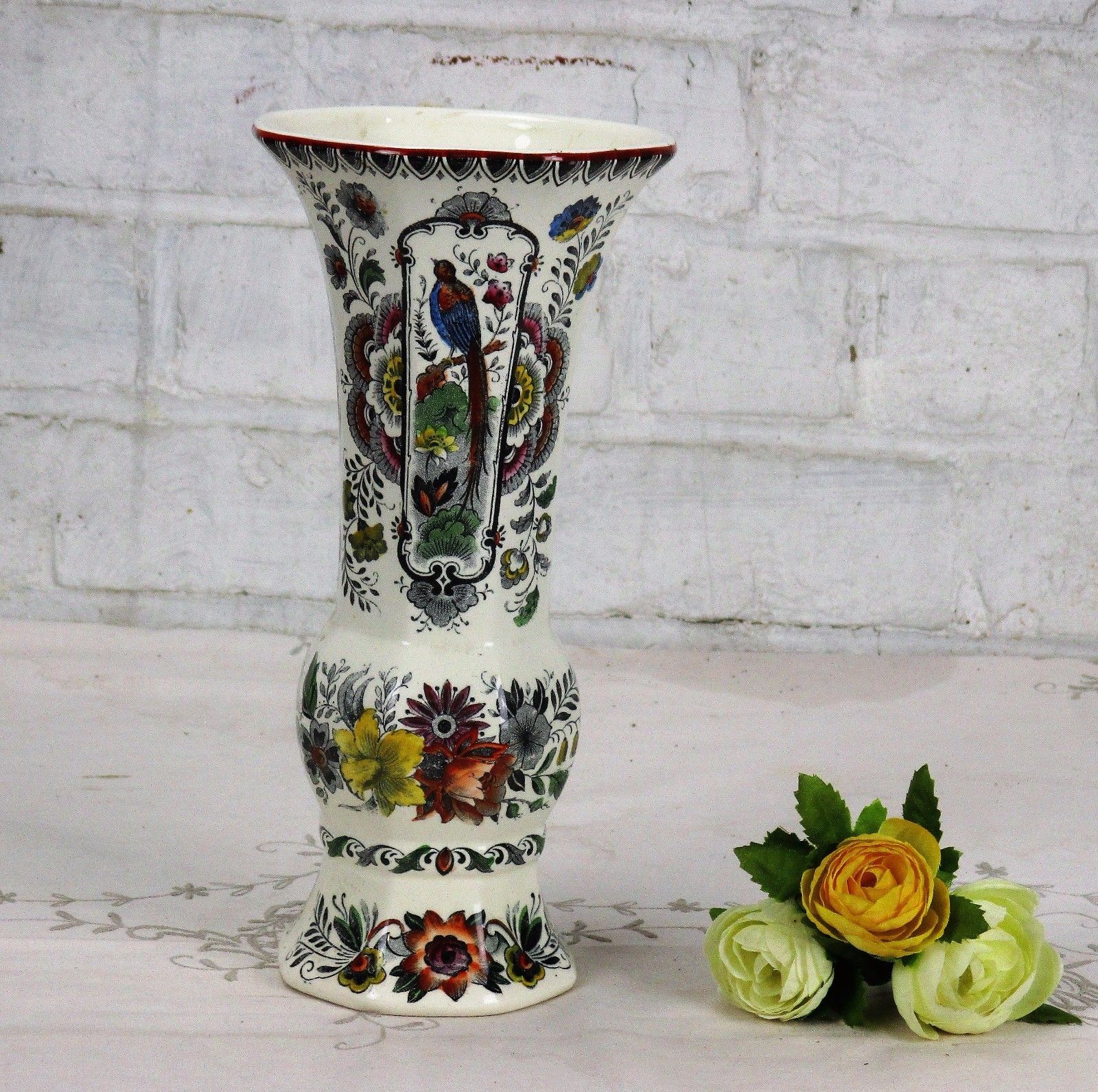 Maastricht Holland Rare Delft Polychrome Porcelain Vase Floral Design Birds
