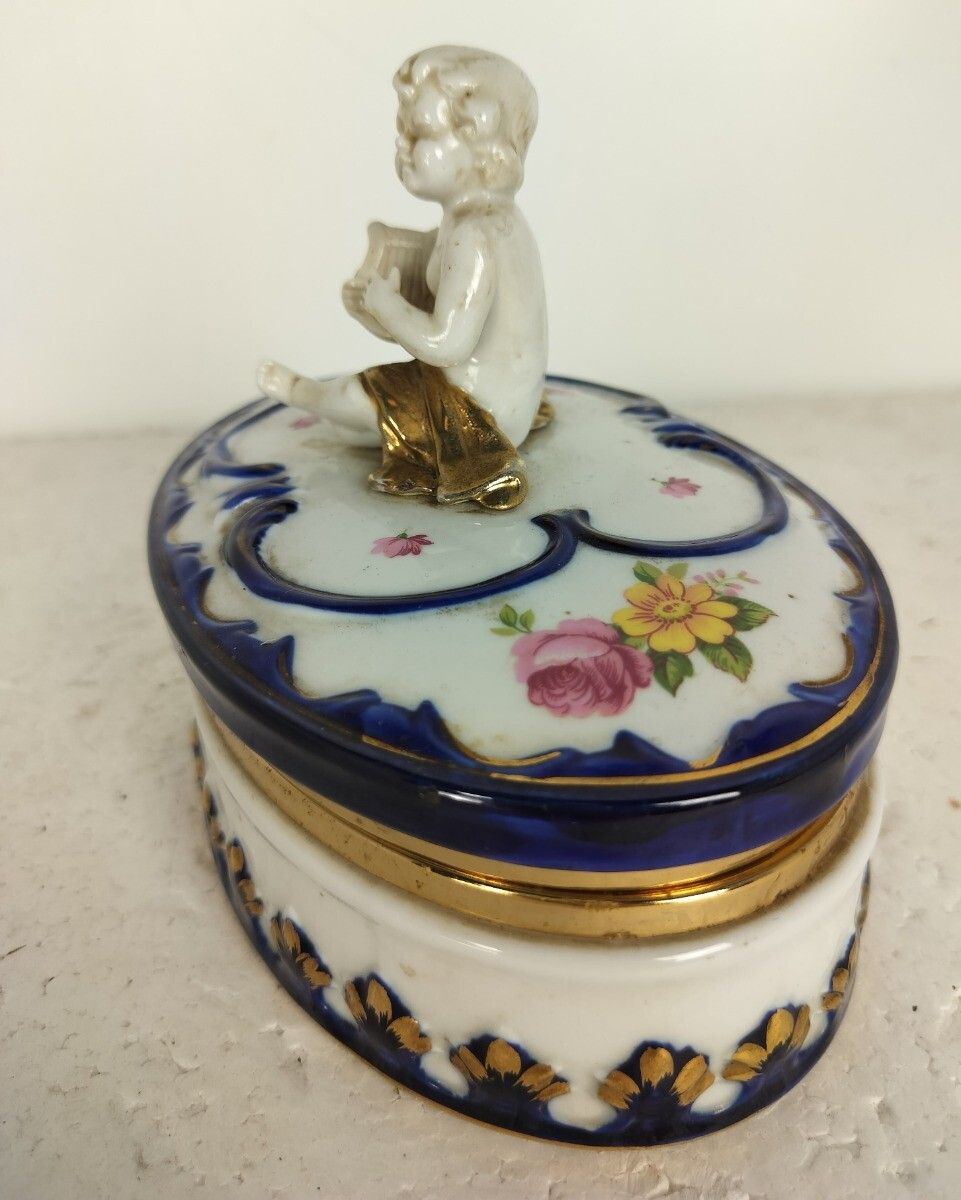 Vintage Capodimonte Italian Trinket Jewelry Box Porcelain Putti Playing Harp, Lo photo Home Decor