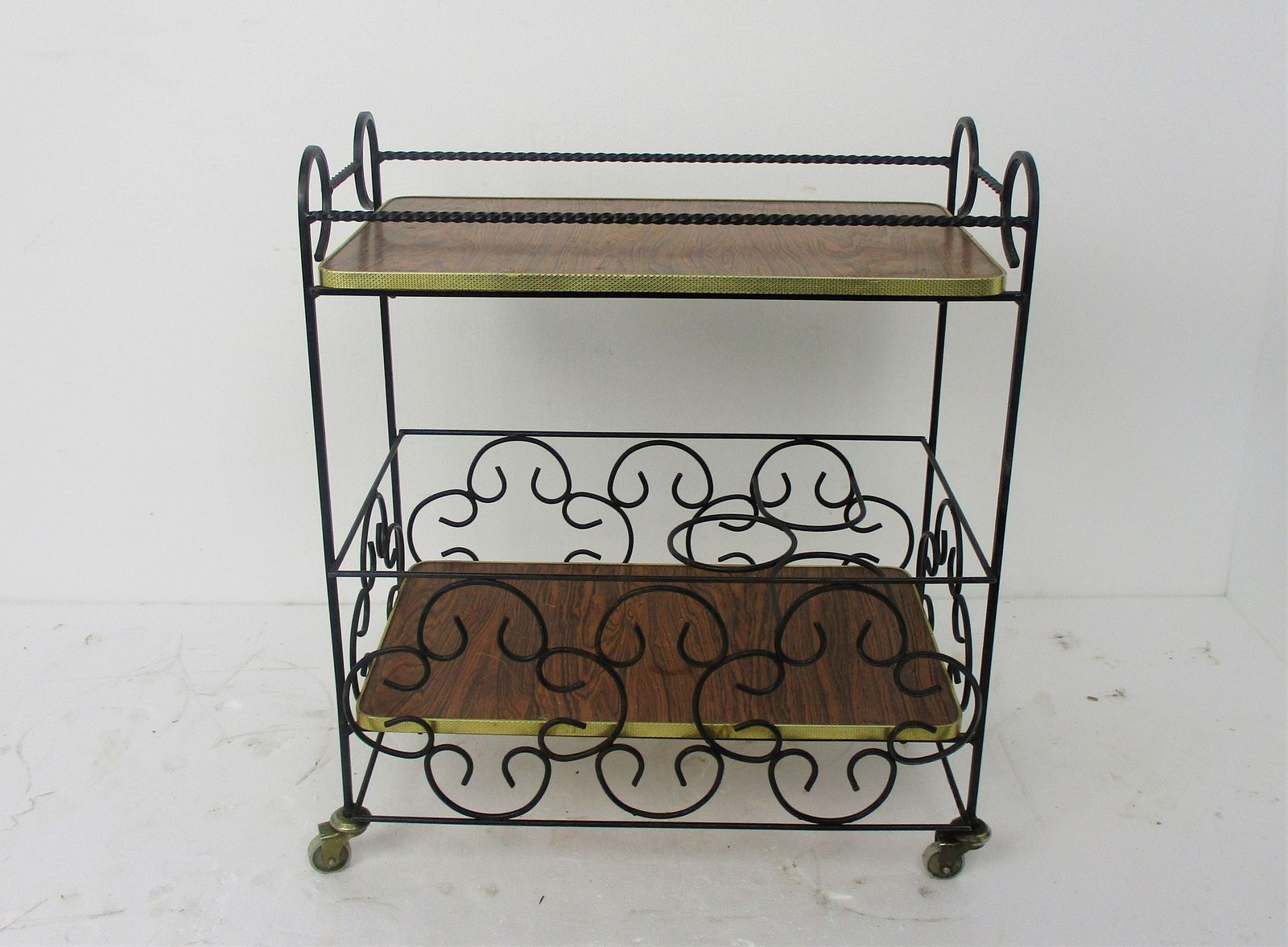 Bar Cocktail Tea Cart Trolley Mid Century Modern Kitchen Island Wood Veneer Wrou photo for sale