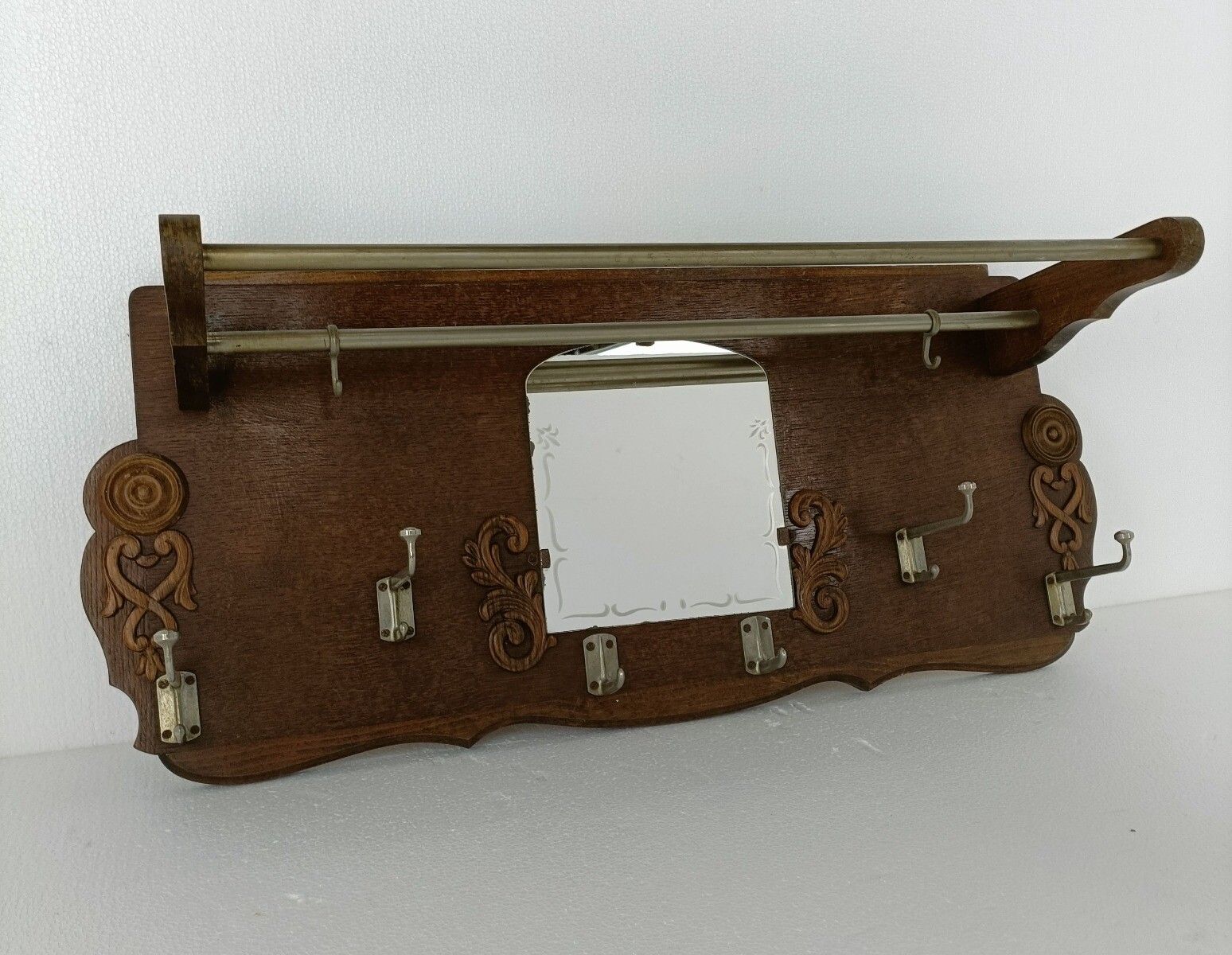 Vintage Wall Coat Rack Shelf Mid Century Modern Railroad Industrial Wood Pop Art photo for sale