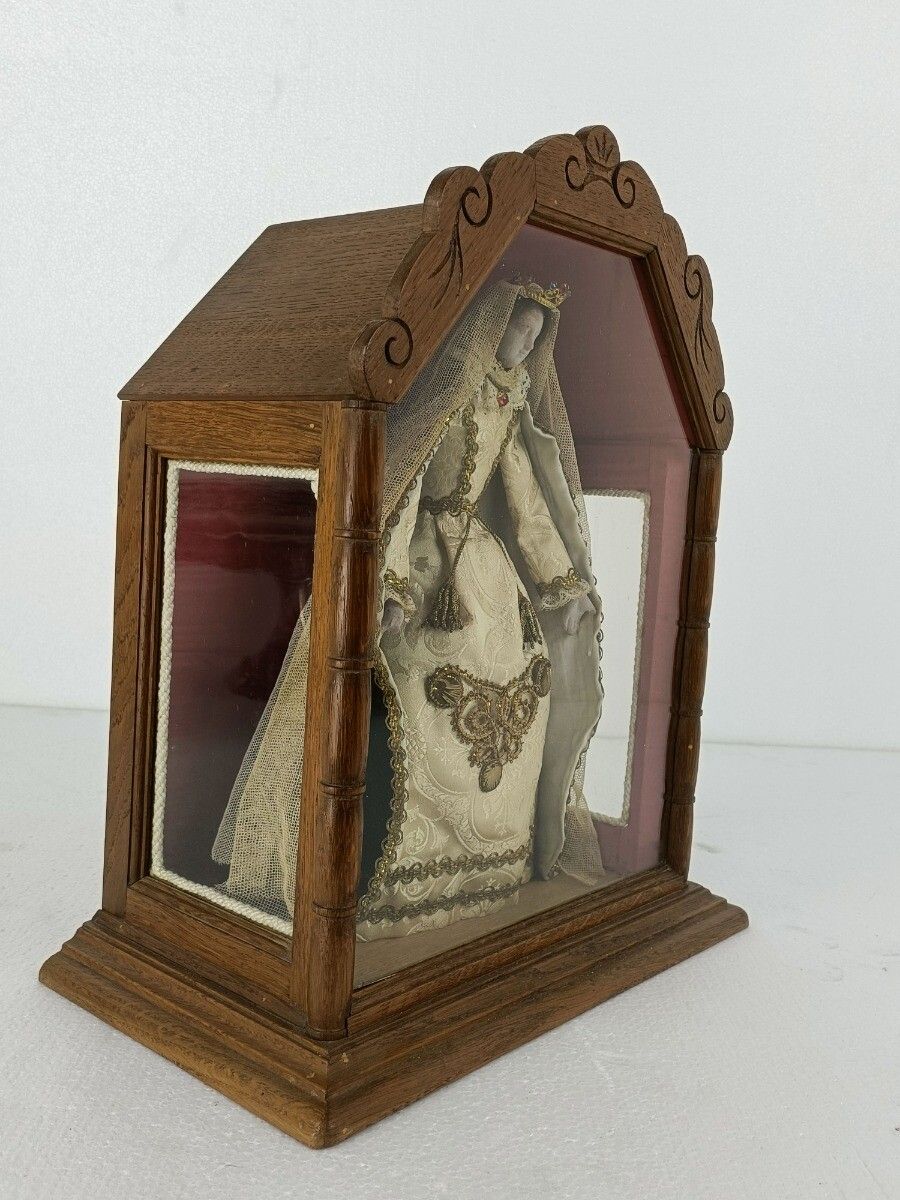 Antique Hand Carved Wood Chapel Niche Shrine With Hand Made Antique Doll 19th Ce photo for sale