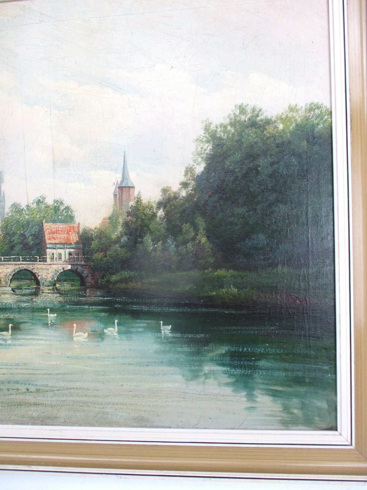 Oil Painting Canvas Wooden Frame Gorgeous Land Cityscape Swans Bridge Signed photo Art