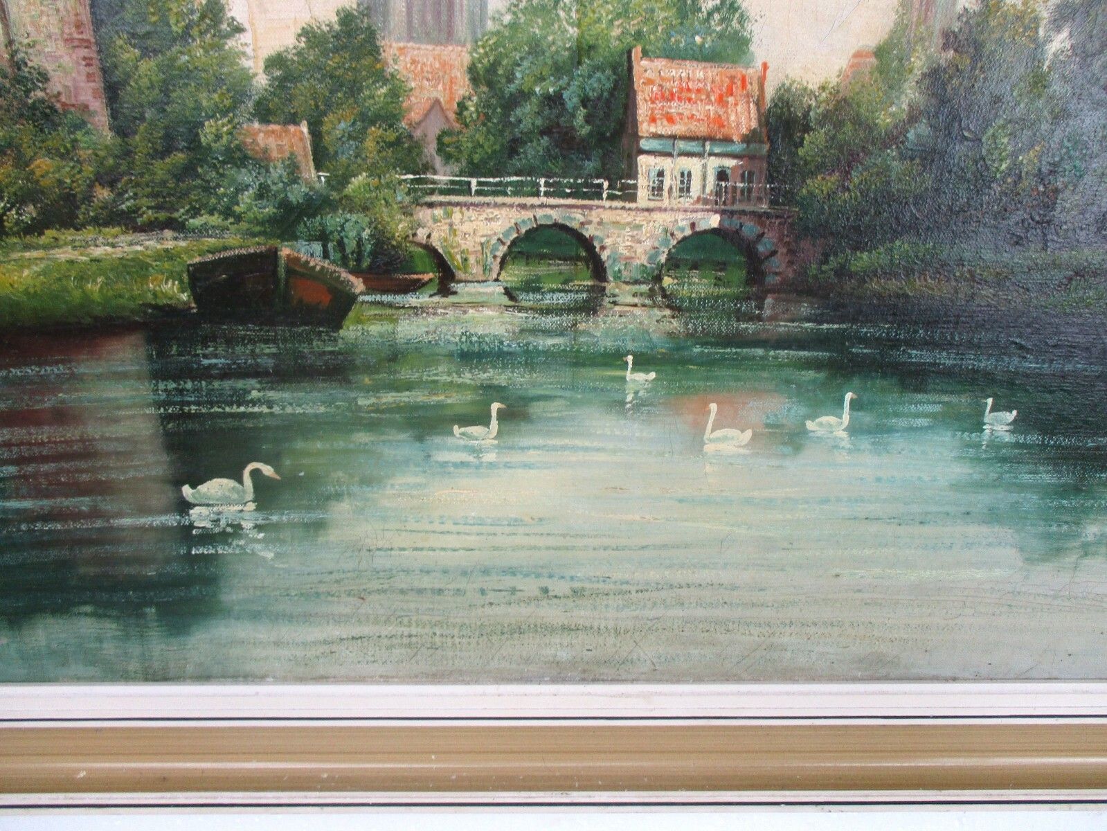 Oil Painting Canvas Wooden Frame Gorgeous Land Cityscape Swans Bridge Signed photo vinterior