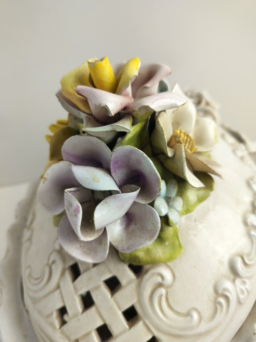 Art Deco Dish Bowl Lidded 3d Porcelain Flowers Antique Centerpiece Bassano Italy photo 61.0