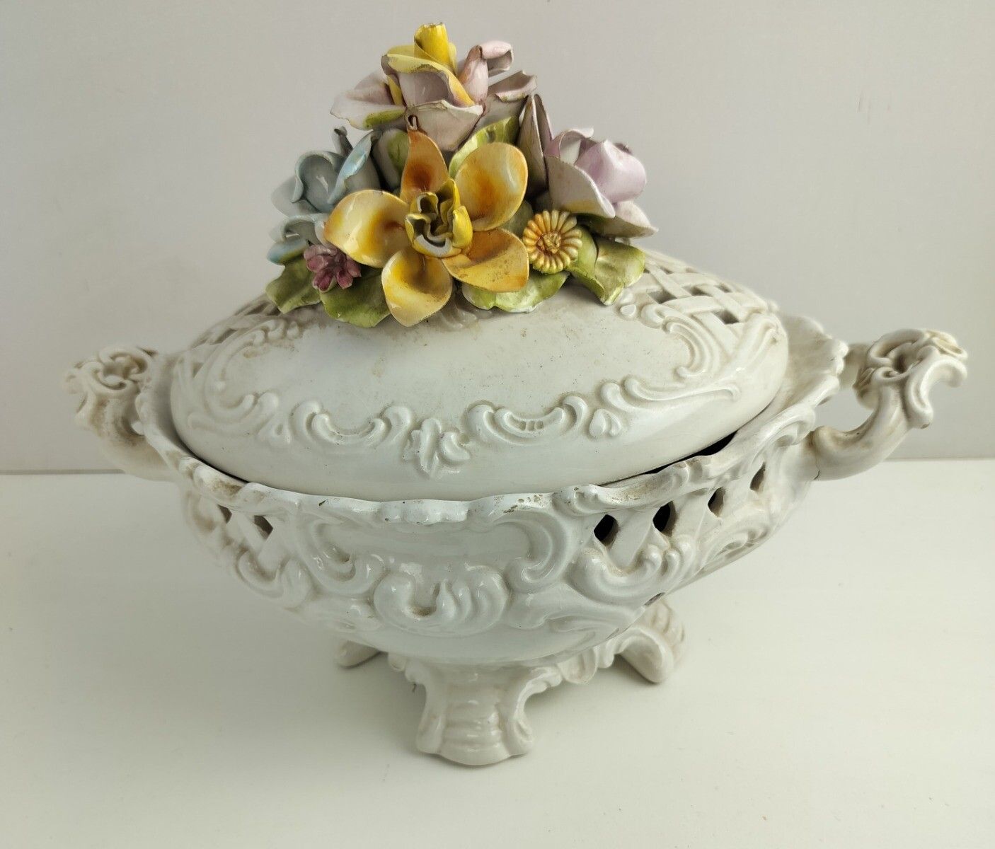 Art Deco Dish Bowl Lidded 3d Porcelain Flowers Antique Centerpiece Bassano Italy photo vinterior