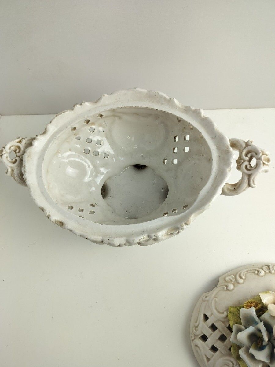 photo for sale Art Deco Dish Bowl Lidded 3d Porcelain Flowers Antique Centerpiece Bassano Italy