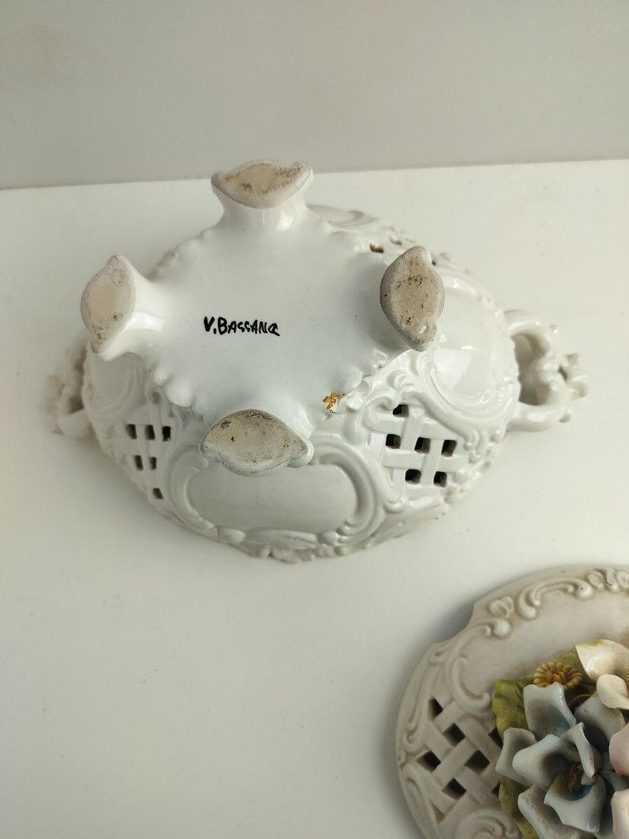 Home Decor Art Deco Dish Bowl Lidded 3d Porcelain Flowers Antique Centerpiece Bassano Italy photo