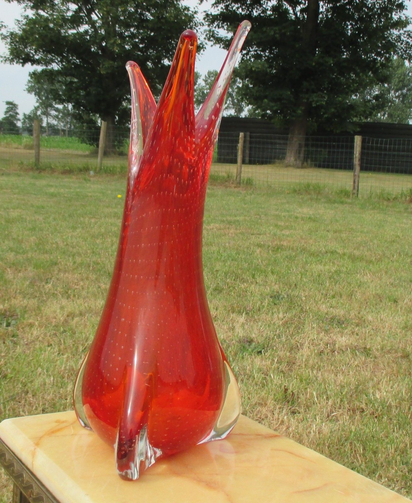 Vintage Red Vase  Mid Century Glass Goblet Vase Jar Controlled Bubbles photo Home Decor