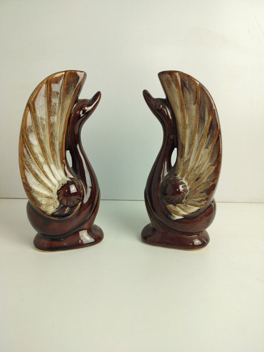 Pair Of Art Deco Antique Small Vases Duck Heads Glazed Brown Ceramic Lovely photo for sale
