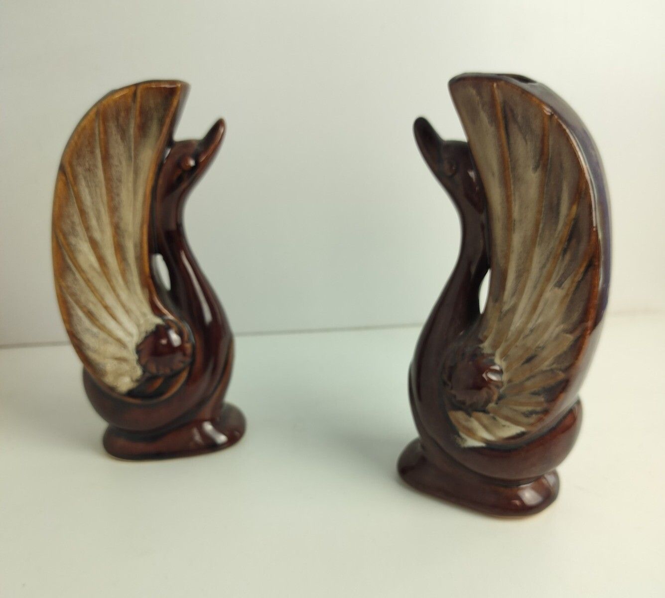 Pair Of Art Deco Antique Small Vases Duck Heads Glazed Brown Ceramic Lovely photo Home Decor
