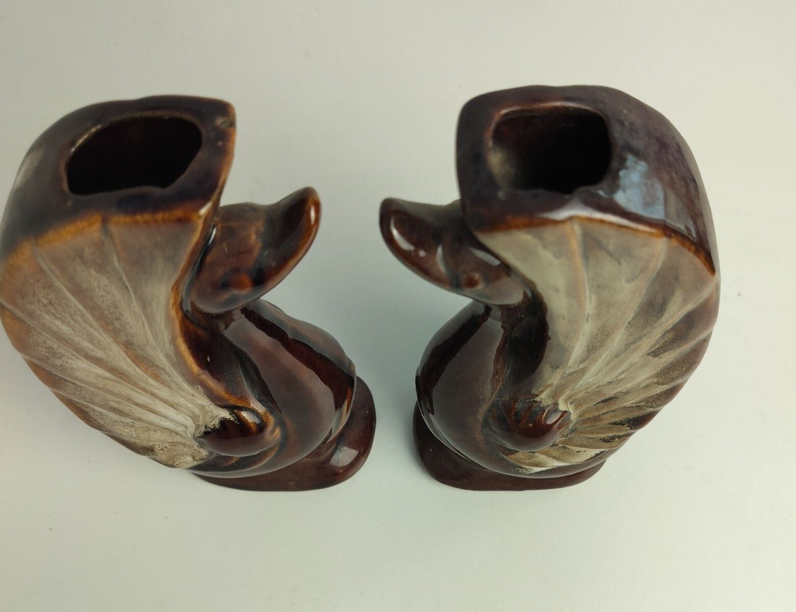 Pair Of Art Deco Antique Small Vases Duck Heads Glazed Brown Ceramic Lovely photo vinterior