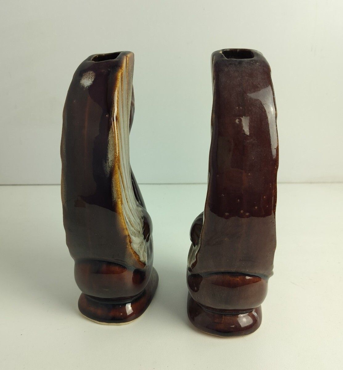 Pair Of Art Deco Antique Small Vases Duck Heads Glazed Brown Ceramic Lovely photo buy