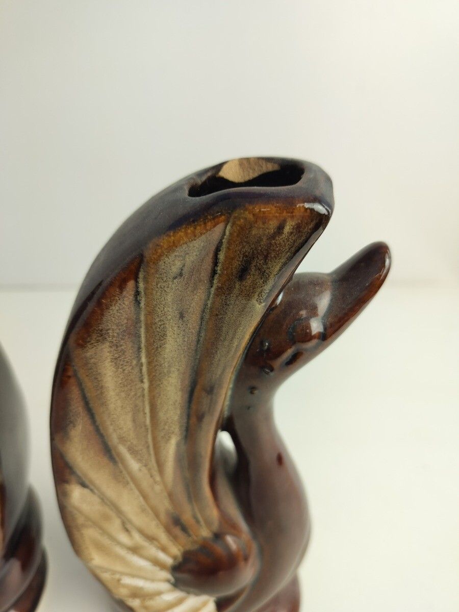 Pair Of Art Deco Antique Small Vases Duck Heads Glazed Brown Ceramic Lovely photo vintage