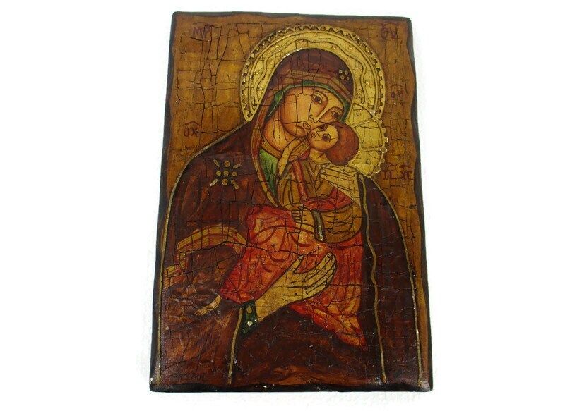 Vintage Florentine Wooden Icon Magnificat Paint On Wood Infant Child Madonna Lov