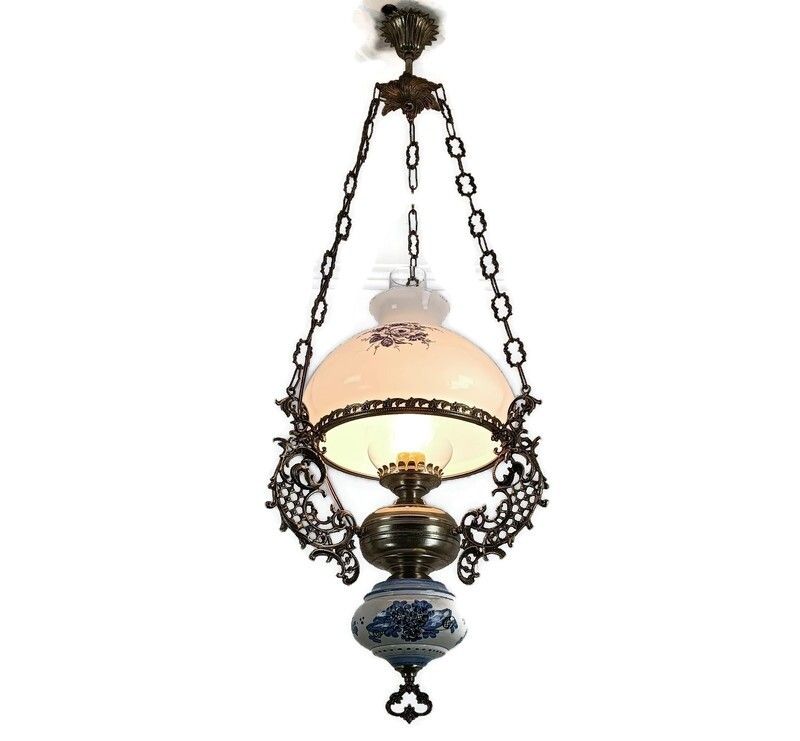 Gorgeous Delft Chandelier Blue White With Lampe Belge Antique French Count