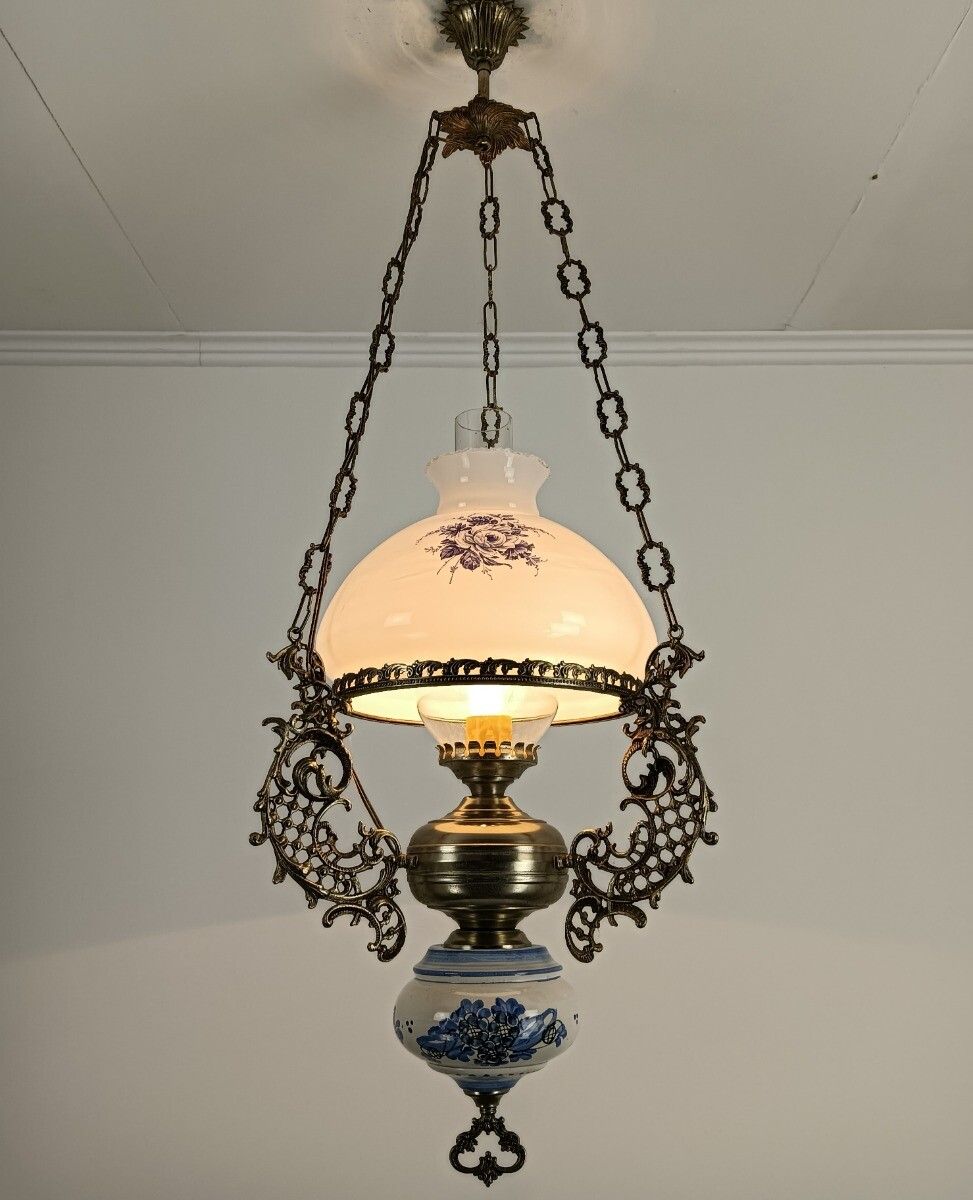 Gorgeous Delft Chandelier Blue White With Lampe Belge Antique French Count photo vinterior