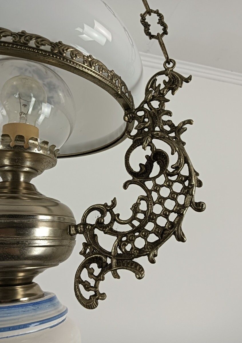 Gorgeous Delft Chandelier Blue White With Lampe Belge Antique French Count photo vintage