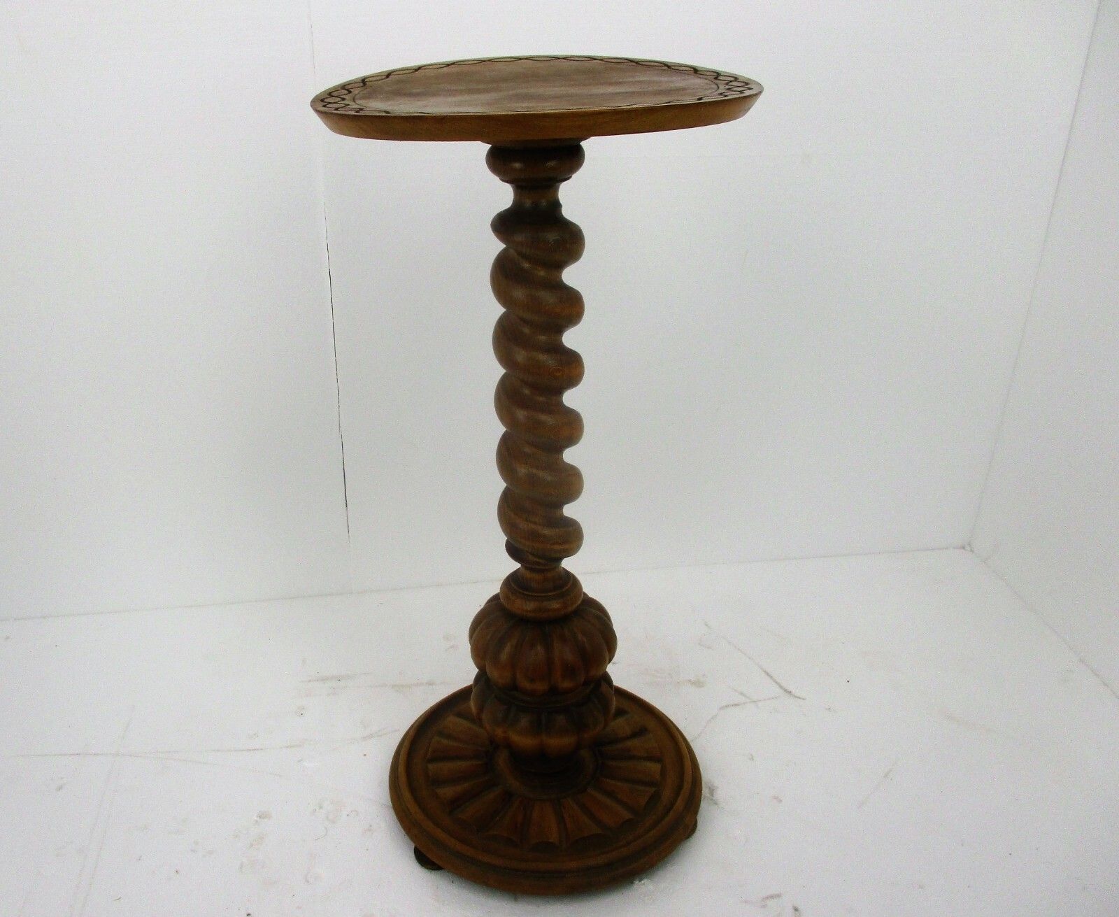 Hand Carved Wood Barley Twist Pedestal Display Side Table Plant Stand Ornate Top photo furniture