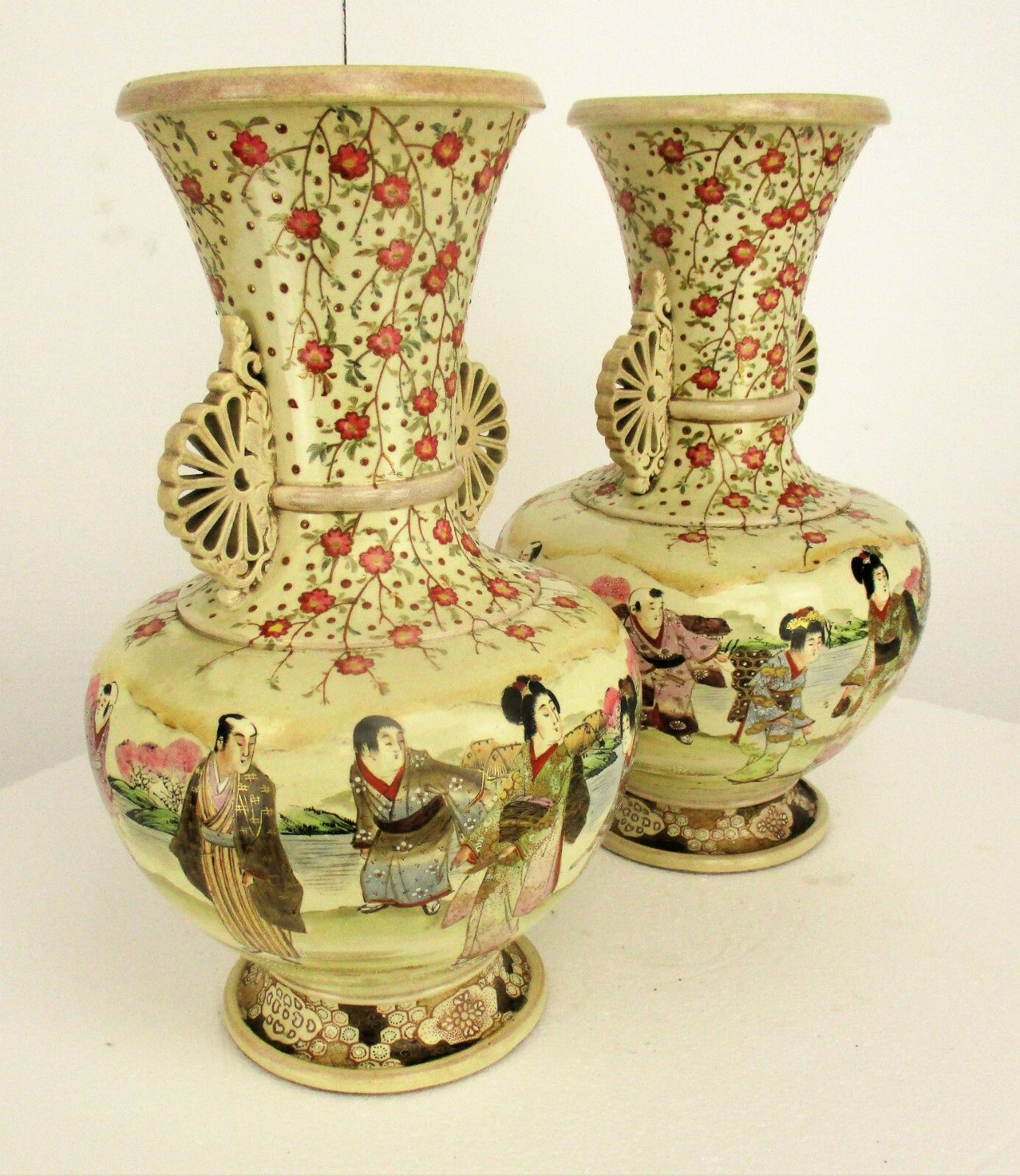 Pair Antique Japanese Satsuma Meiji Porcelain Vases Vase photo for sale