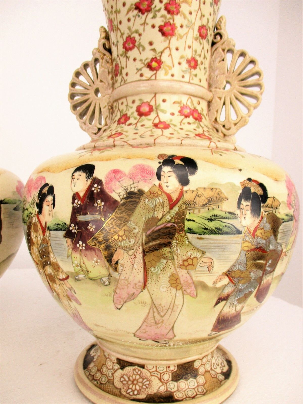 Pair Antique Japanese Satsuma Meiji Porcelain Vases Vase photo vintage