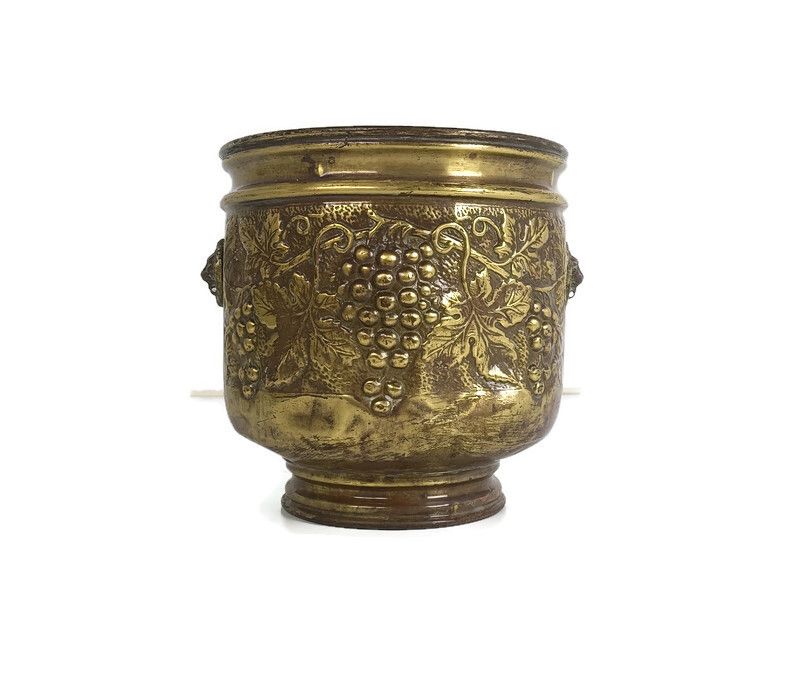 Ornate Brass Planter Flower Pot Jardiniere Embossed Antique Grapes Cachepot