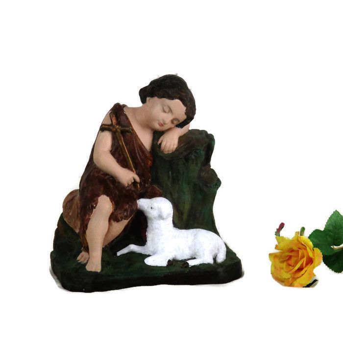 Antique Sweet Statue Saint John The Baptist As  Child With The Lamb Plaster Htf