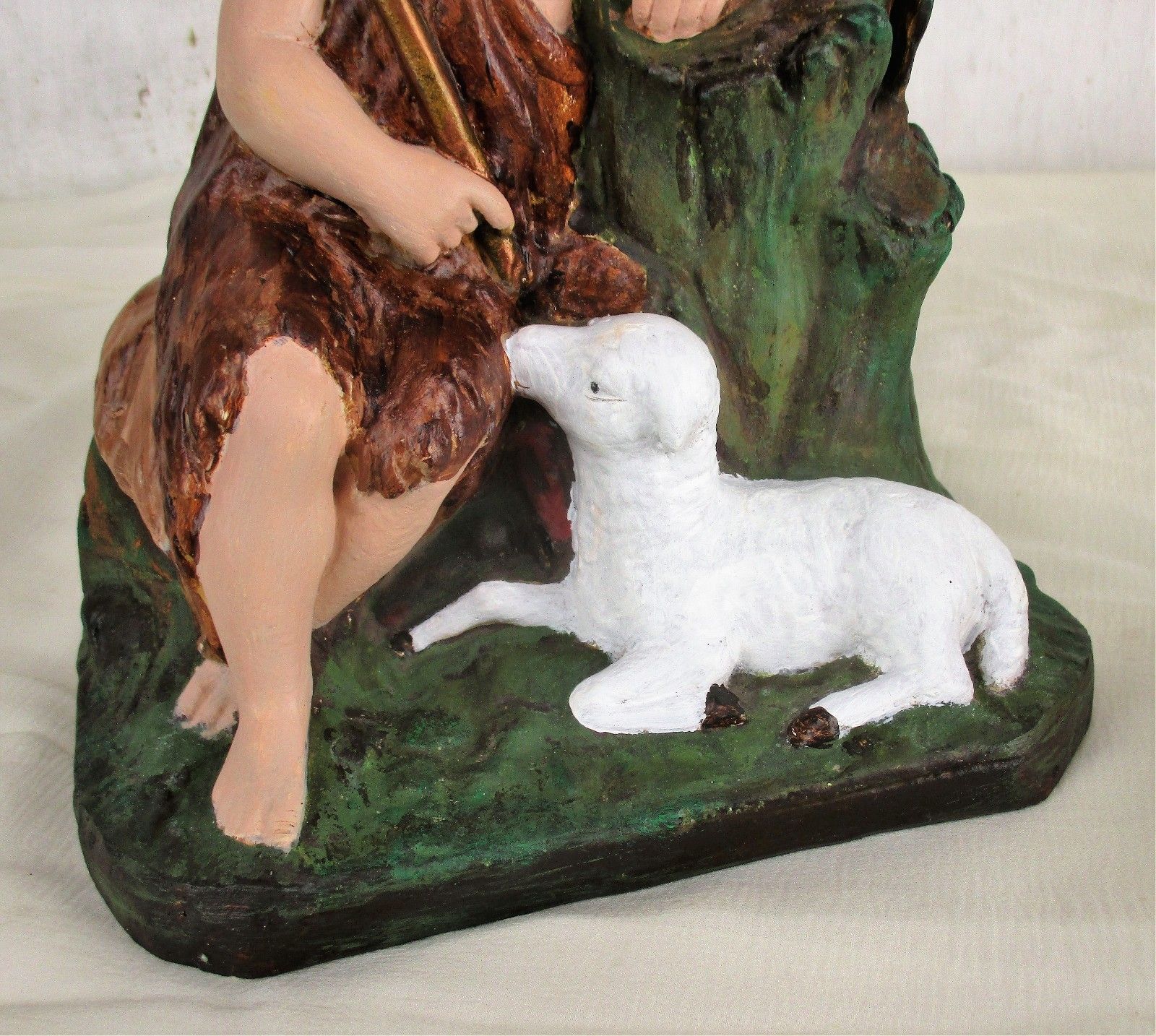 Antique Sweet Statue Saint John The Baptist As  Child With The Lamb Plaster Htf photo for sale